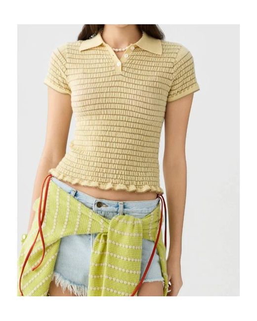 Guest In Residence Natural Smocked Striped Polo Shirt