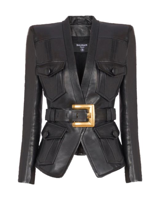 Balmain Black Belted 4 Pokets Fitted Lambskin Jacket