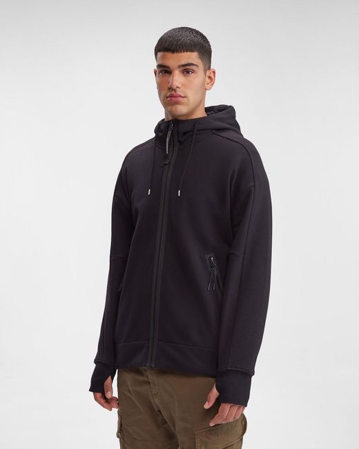 C P Company Blue Logo-Printed Drawstring Zip-Up Hoodie for men