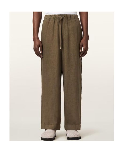 AllSaints Green Sharp Straight Leg Linen Trousers for men