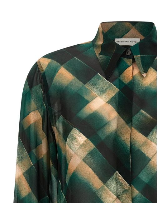 Dries Van Noten Green Lapel Long-Sleeved Shirt