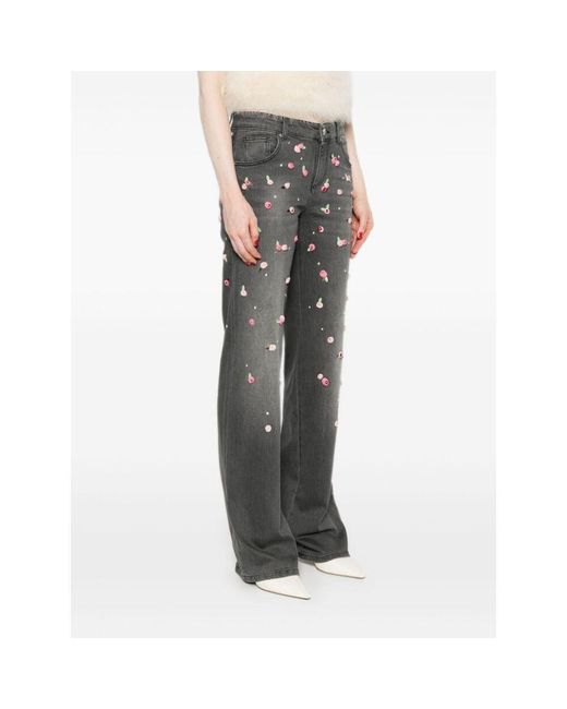 Blumarine Gray Embroidered-Roses Wide-Leg Jeans