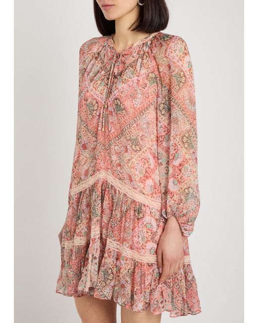 Rixo Pink Patterned Georgette Mini Dress