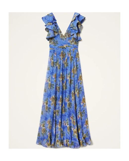 LaDoubleJ Blue Ruffled-Details Floral-Print Maxi Dress