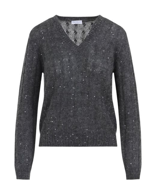 Brunello Cucinelli Gray Embellished V-Neck Jumper