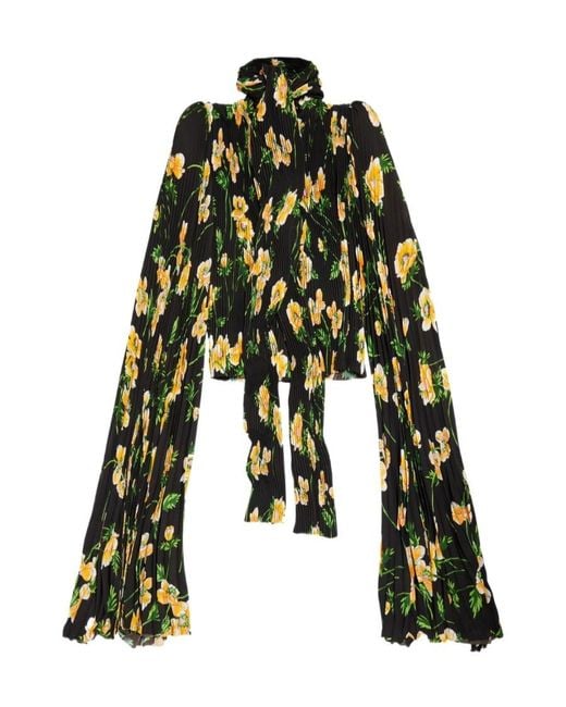 Balenciaga Green Floral Printed Pleated Scarf Blouse