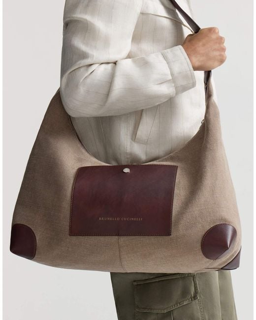 Brunello Cucinelli Brown Water-Resistant Canvas And Burnished Calfskin Messenger Bag for men