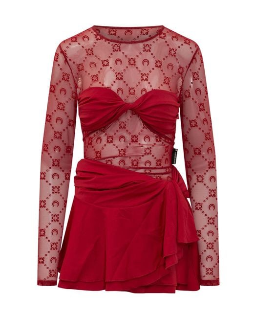 MARINE SERRE Red Moonogram Flock Ruffle Mini Dress