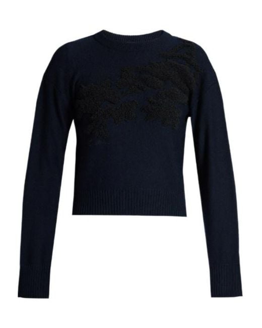 Erdem Blue Fine-Knit Floral-Embroidered Sweater