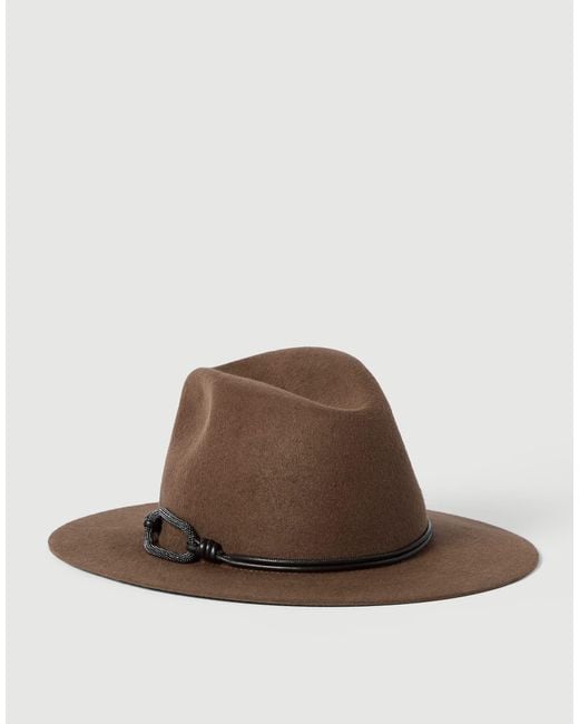 Brunello Cucinelli Brown Felt Fedora With Leather And Monili Band Hat