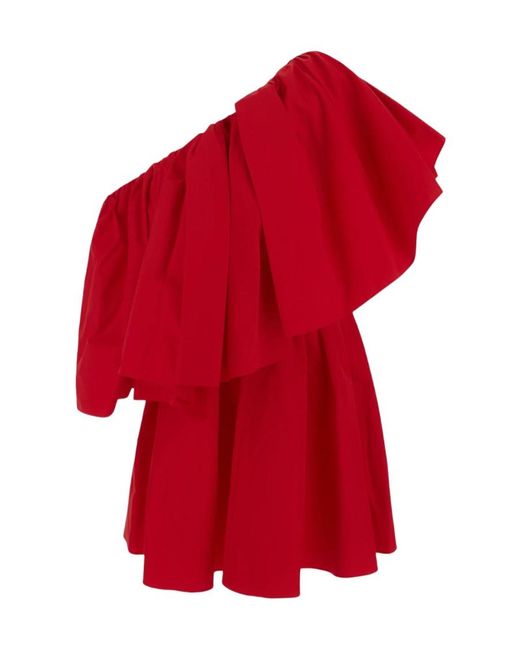 McQueen Red Asymmetric Ruffle Mini Dress