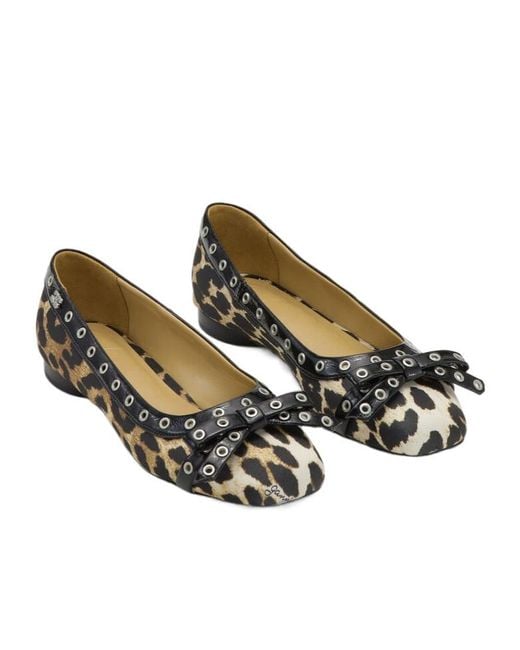 Ganni Brown Leopard Eyelet Bow Ballerinas