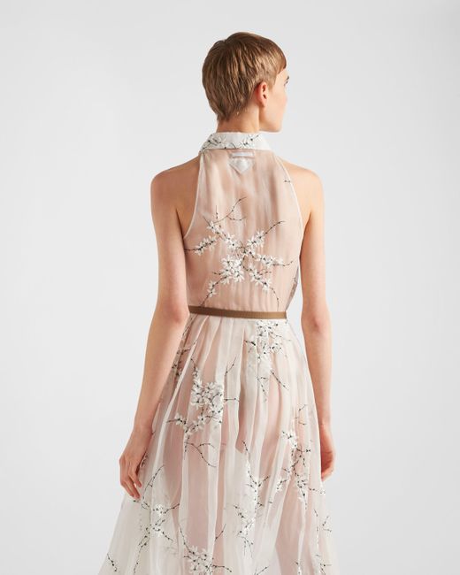 Prada White Floral-Embroidered Silk Midi Dress