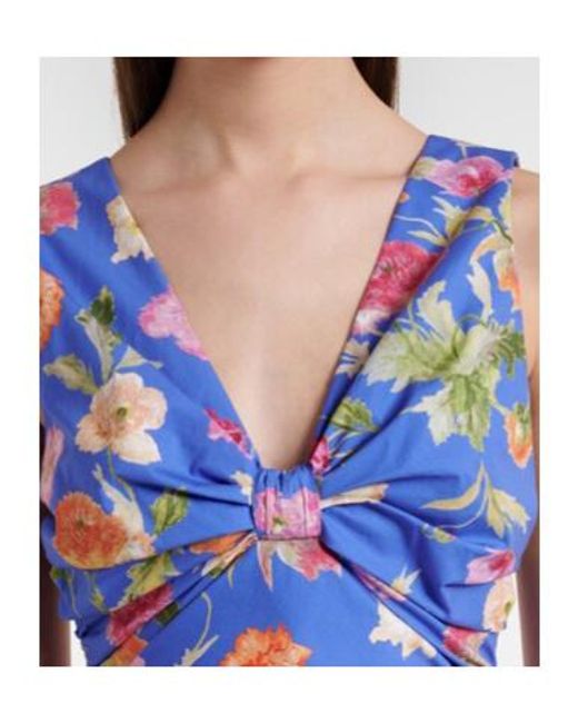 Carolina Herrera Blue Floral Gathered Cotton-Blend Midi Dress