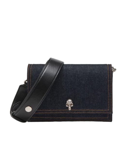Alexander McQueen Black Small Logo Printed Denim Satchel Bag