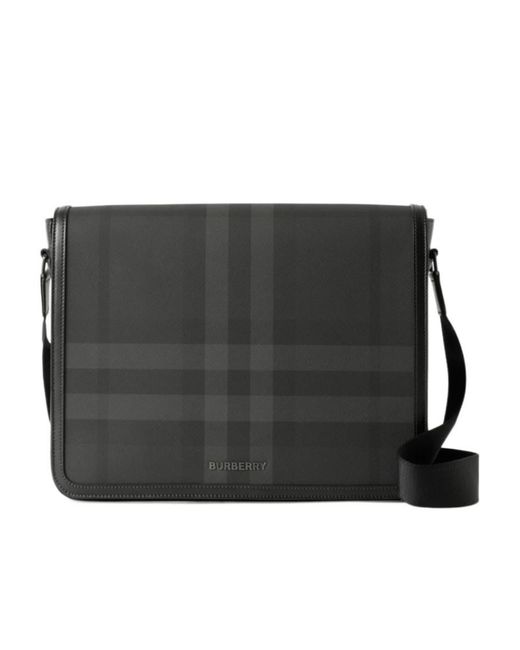 Burberry Black Check-Pattern Logo Plaque Messenger Bag for men