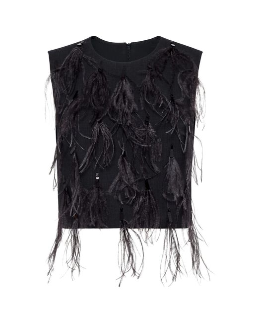 Brunello Cucinelli Black Feather Detailed Sleeveless Crewneck Top