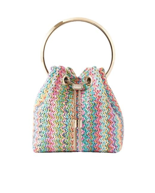 Jimmy Choo Blue Bon Bon Striped Woven Raffia Bucket Bag