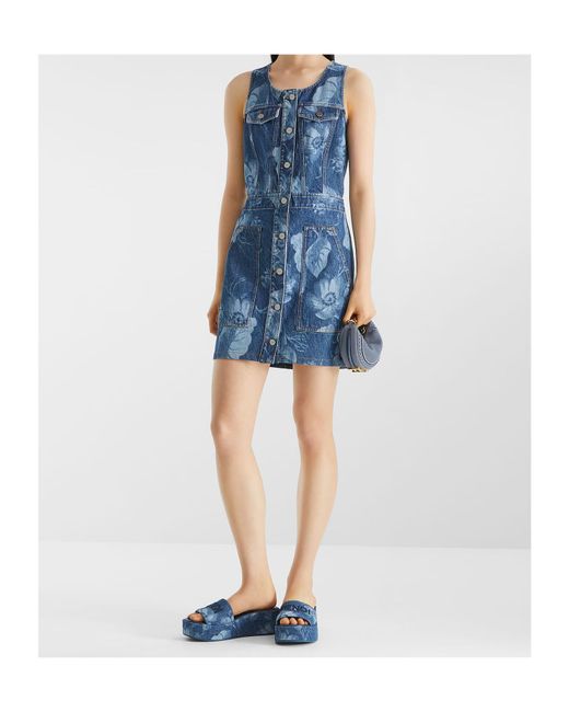 Fendi Blue Floral Printed Sleeveless Denim Mini Dress