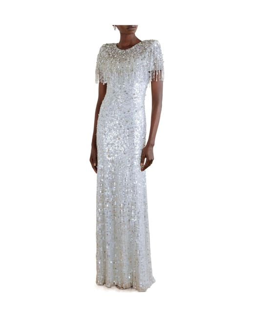 Jenny Packham White Crystal-Embellished Sequined Chiffon Gown