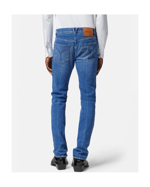 Versace Blue Logo-Patch Slim-Cut Denim Jeans for men