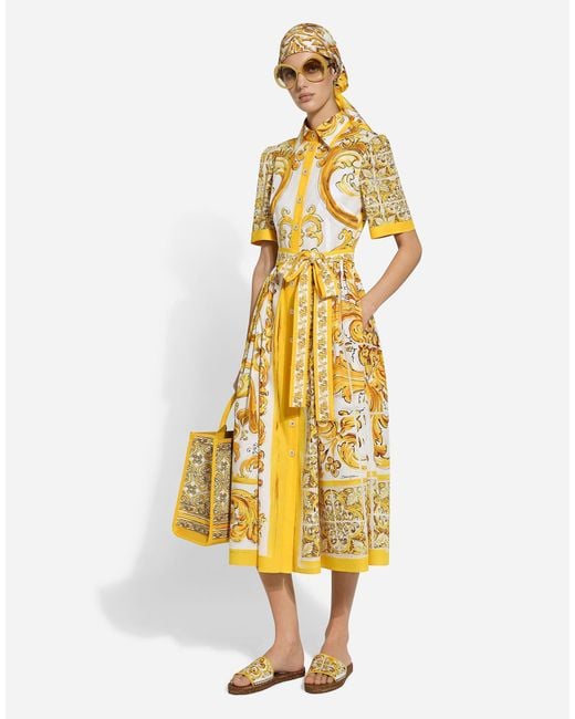 Dolce & Gabbana Metallic Majolica Printed Poplin Midi Shirt Dress