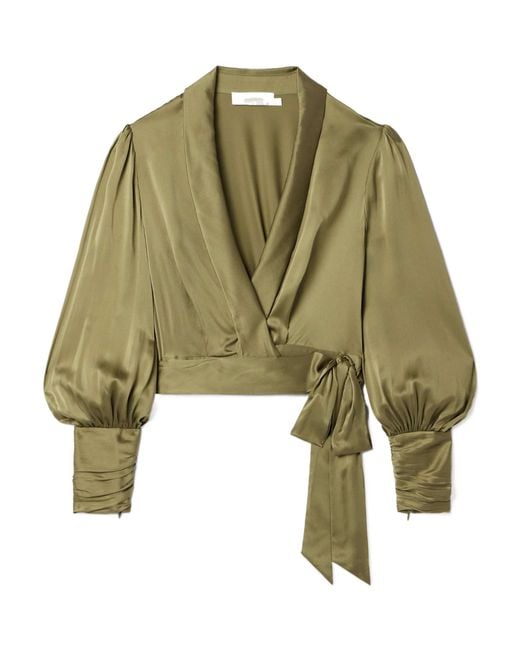 Zimmermann Green Cropped Satin Wrap Top