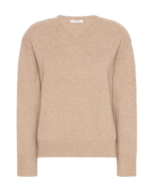 Max Mara Natural Long-Sleeved V-Neck Knitwear