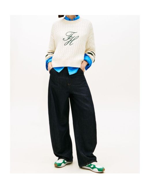 Tommy Hilfiger White Cable-Knit Logo-Embroidered Sweater