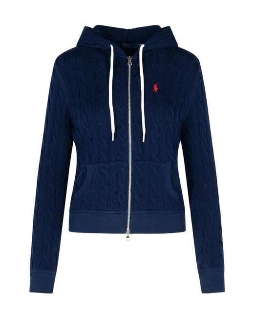 Polo Ralph Lauren Blue Cable-Knit Full-Zip Hooded Cardigan