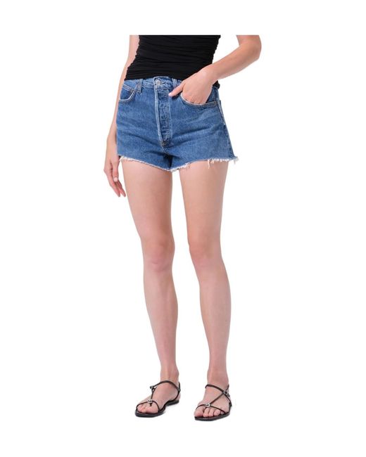 Agolde Blue Frayed Hem Denim Shorts