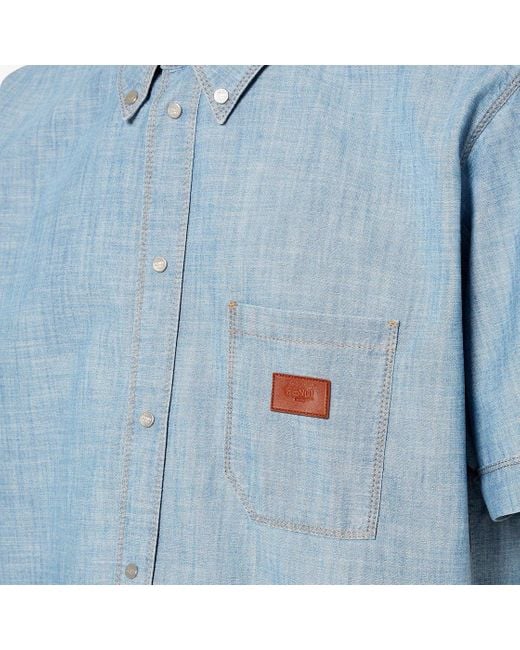 Fendi Blue Logo Patch Short Sleeved Denim Shirt for men