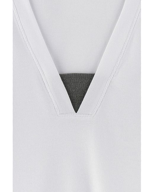 Brunello Cucinelli White Deep V-Neck Ribbed Top