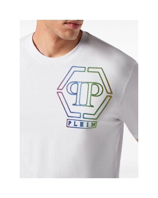 Philipp Plein White Logo Embellished Crewneck T-Shirt for men