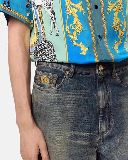 Versace Blue Logo-Plaque Cotton Jeans for men