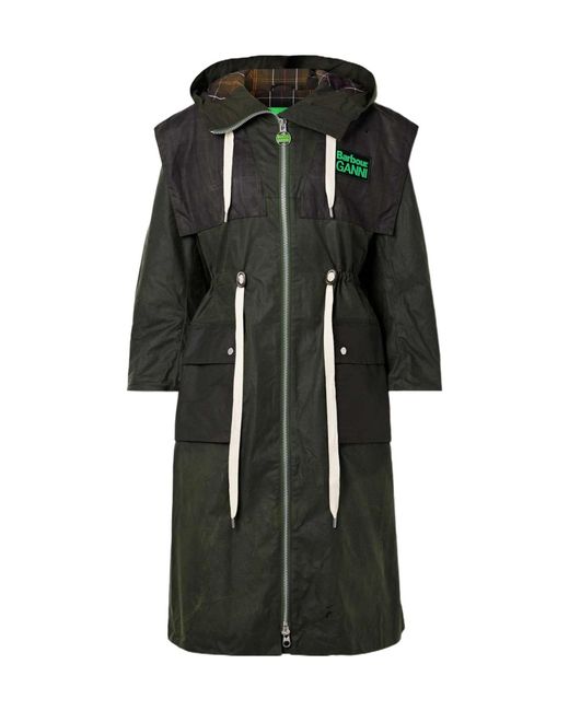 Barbour Black Ganni Hooded Checked Waxed-Organic Cotton Jacket