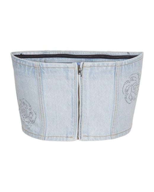 ROTATE BIRGER CHRISTENSEN Blue Denim Cropped Embellished Top