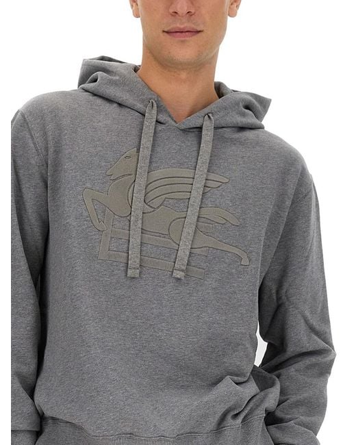 Etro Gray Logo Printed Drawstring Hoodie for men