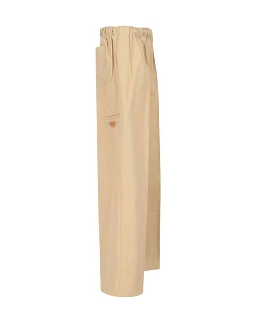 Prada Natural Triangle-Logo Plaque Wide-Leg Pants