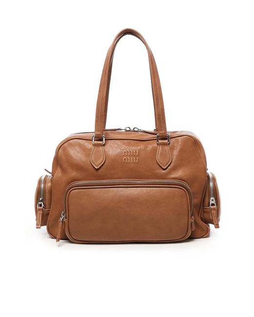 Miu Miu Logo-Embossed Zipped Tote Bag in Brown | Lyst