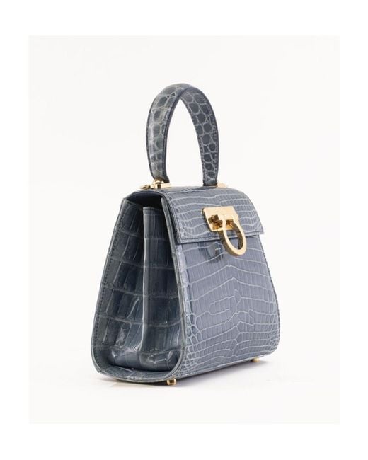 Ferragamo Blue Buckle Alligator Handbag