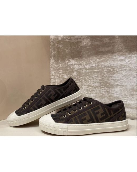 Fendi Brown Logo Jacquard Lace-Up Sneakers for men
