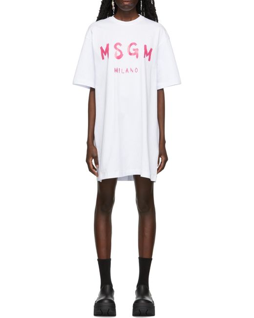 MSGM White Logo Print Round-Neck Dress
