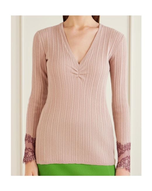 Valentino Pink Lace-Trimmed Ribbed Cashmere Sweater
