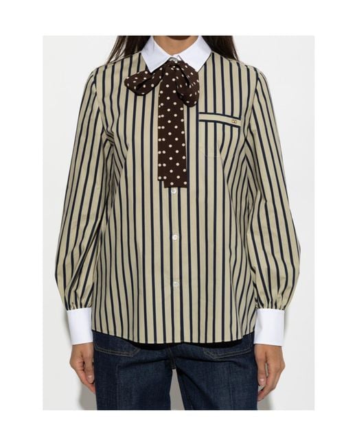 Valentino White Pussy-Bow Striped Shirt
