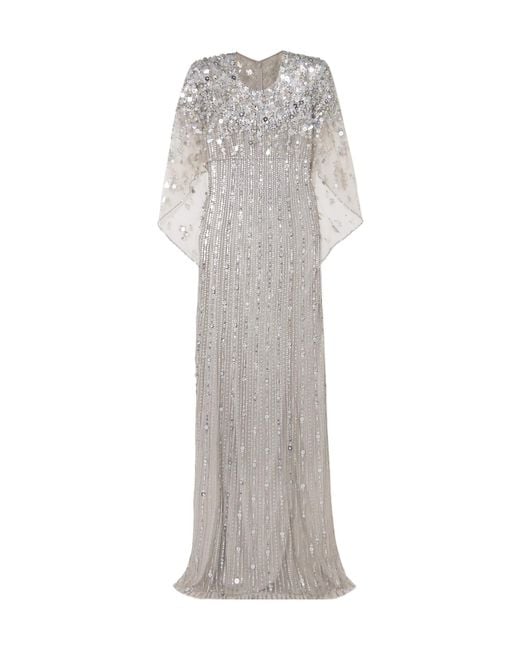 Jenny Packham Gray Nettie Cape-Effect Embellished Sequined Tulle Gown