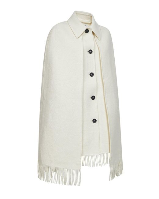Totême White Bouclé Fringe Cape Coat
