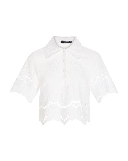 Dolce & Gabbana White Embroidered Cropped Cotton Blouse
