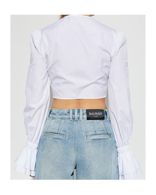 Balmain White Ruffle Detailed Cropped Shirt