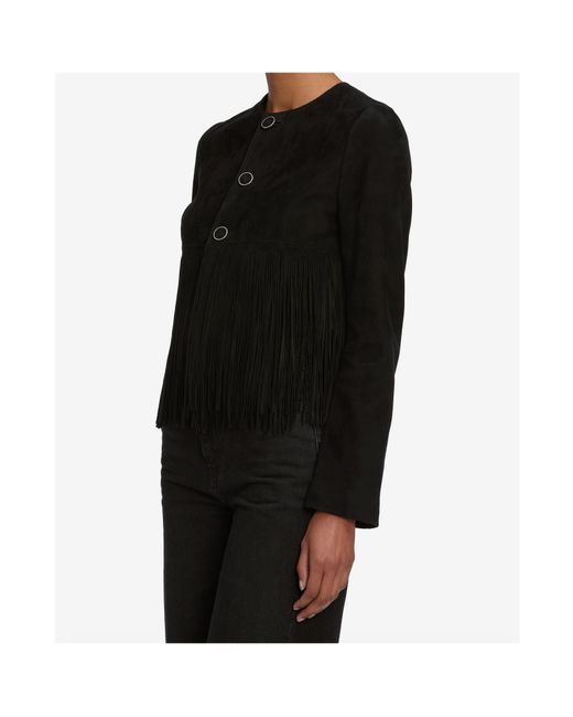 FRAME Black Double-Layered Fringed Leather Jacket
